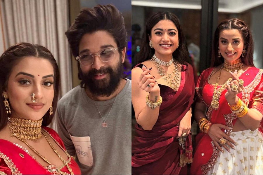 Akshara Singh strikes a pose with `fire`Allu Arjun, `beautiful heart` Rashmika Mandanna