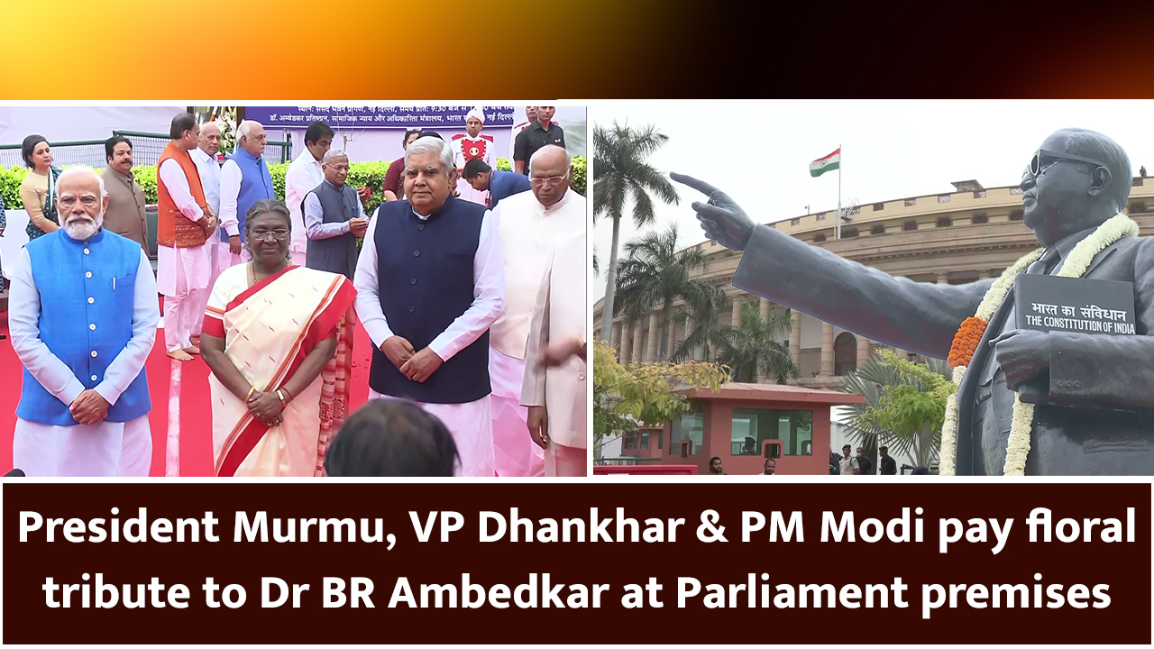 President Murmu, VP Dhankhar & PM Modi pay floral tribute to Dr BR Ambedkar at Parliament premises