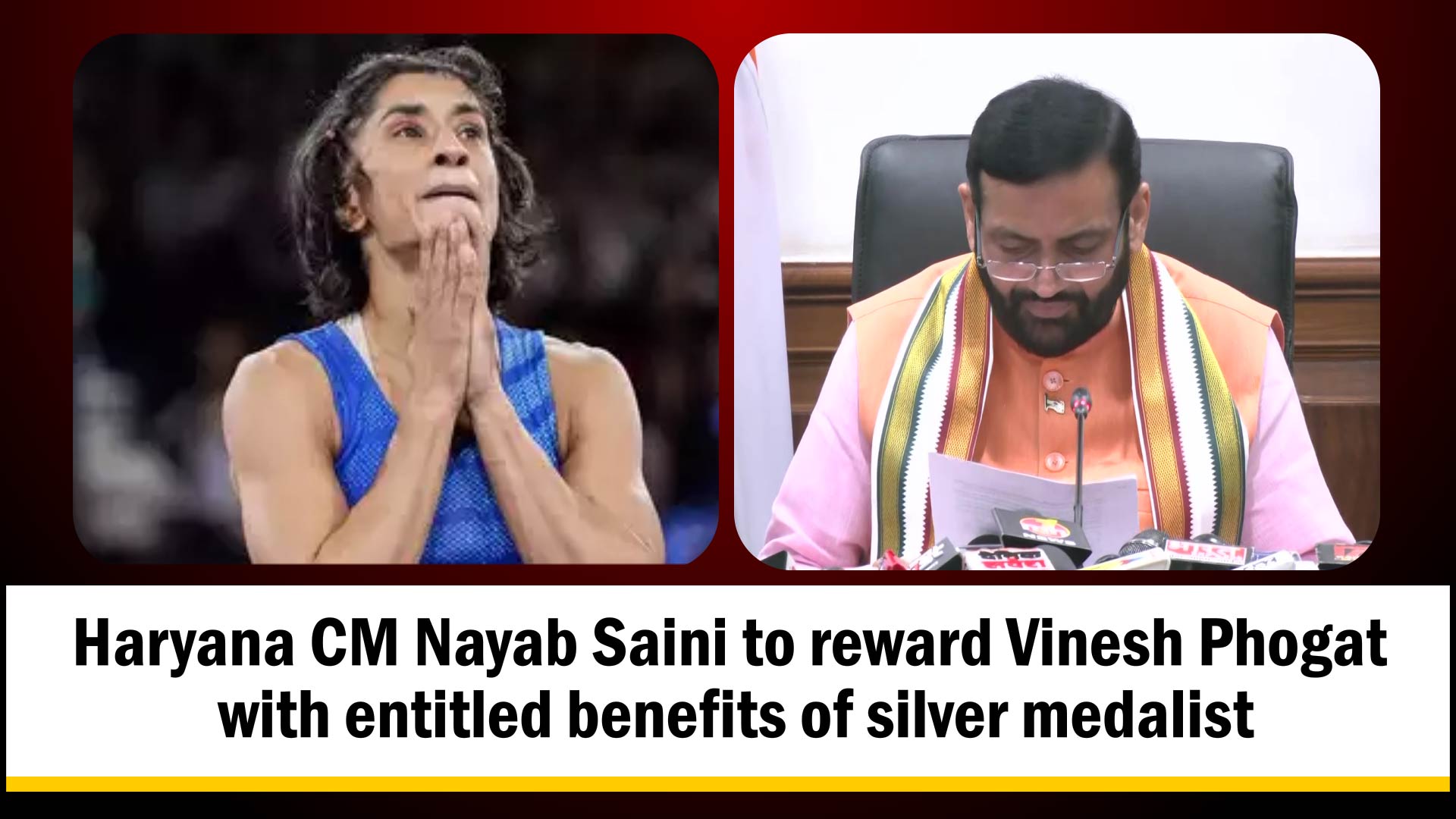 Haryana CM Nayab Saini to reward Vinesh Phogat with entitled benefits of silver medalist