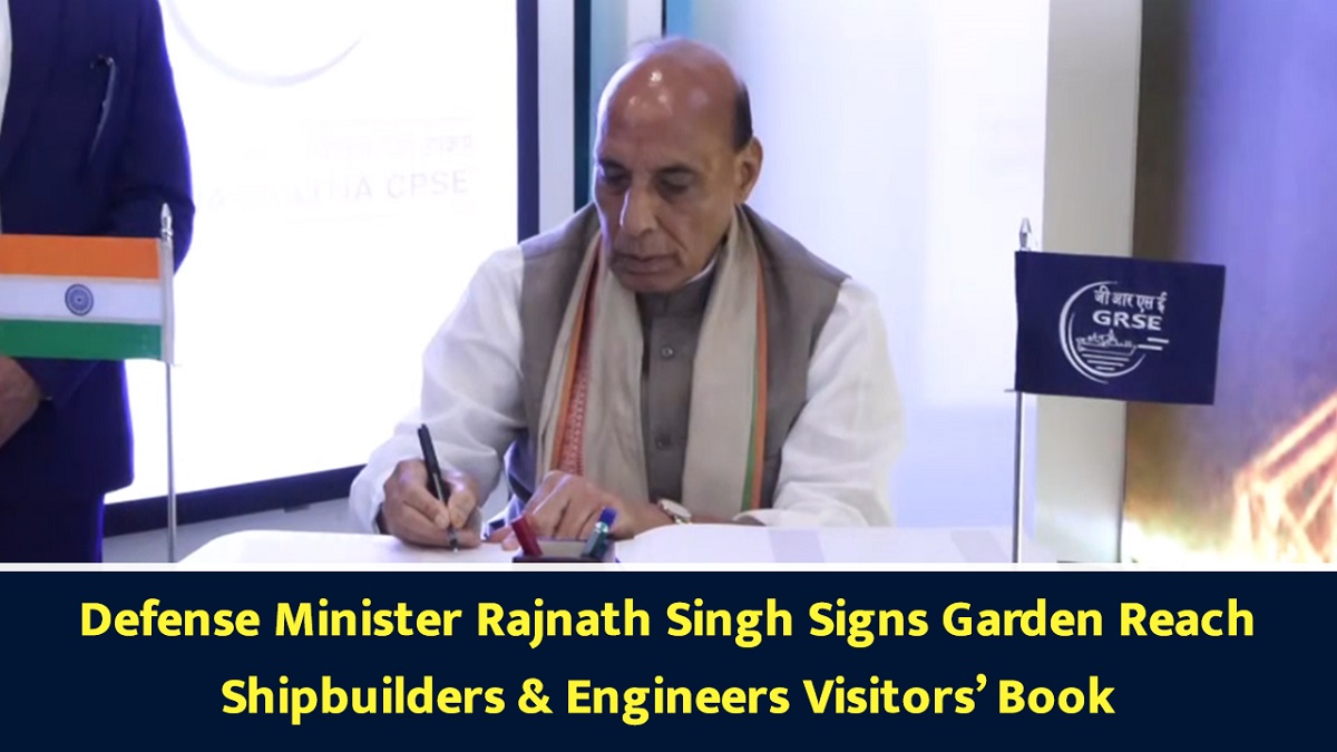 Defense Minister Rajnath Singh Signs Garden Reach Shipbuilders & Engineers Visitors`Book
