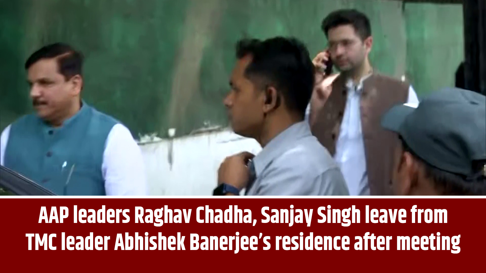 AAP leaders Raghav Chadha, Sanjay Singh leave from TMC leader Abhishek Banerjee`s residence after meeting