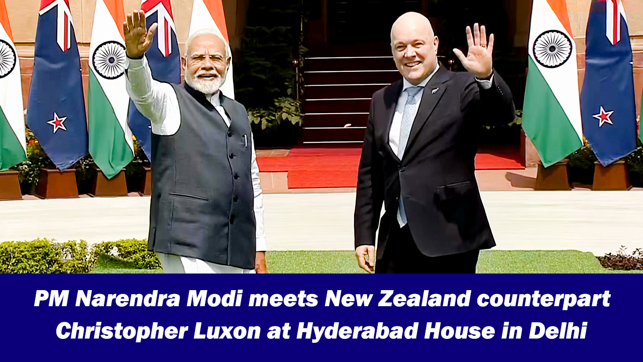 PM Narendra Modi meets New Zealand counterpart Christopher Luxon at Hyderabad House in Delhi